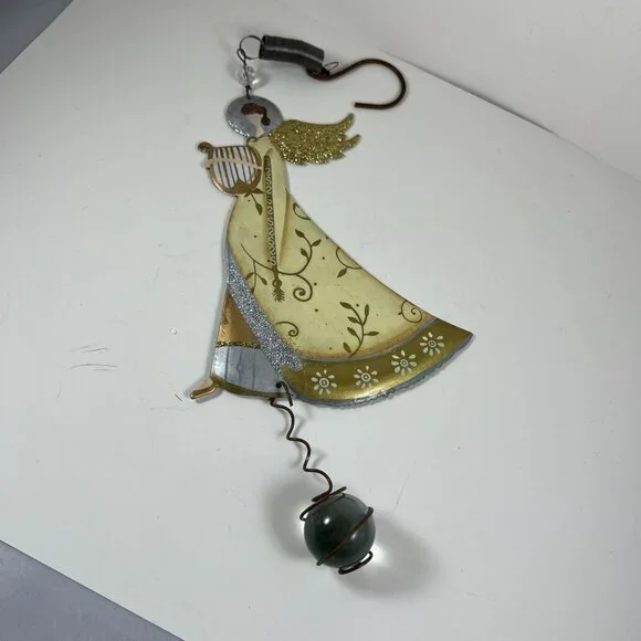 Vintage Angel Metal Wall Hanging With Glitter Accents & Green Glass Bead - Picture 1 of 4